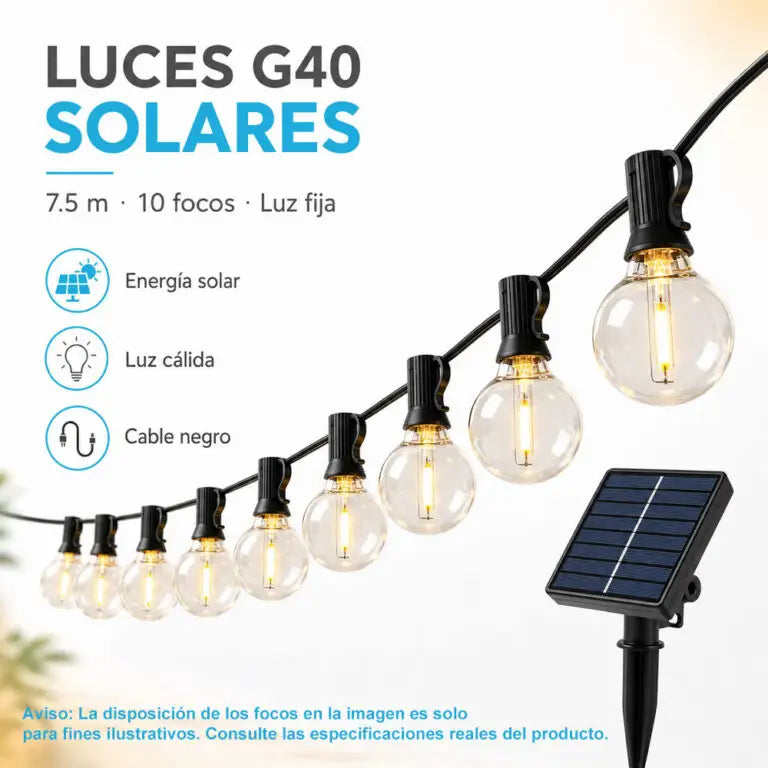 Guirnalda Solar LED de 7.5 Metros con 10 Focos – Luz Cálida