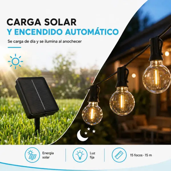 Guirnalda Solar LED de 7.5 Metros con 10 Focos – Luz Cálida