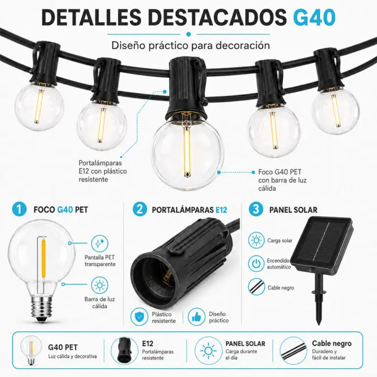 Guirnalda Solar LED de 7.5 Metros con 10 Focos – Luz Cálida