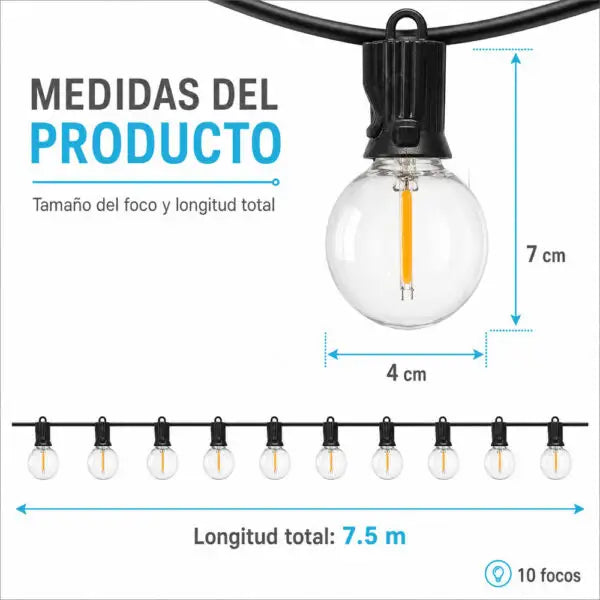 Guirnalda Solar LED de 7.5 Metros con 10 Focos – Luz Cálida